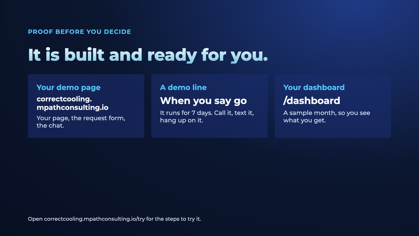 Slide 3: Proof before you decide It is built and ready for you. Your demo page correctcooling. mpathconsulting.io Your page, the request form, the chat. A demo line When you say go It runs for 7 days. Call it, text it, hang up on
